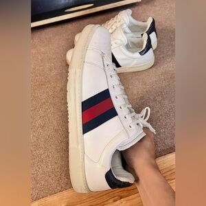 2 pairs of Gucci White Leather Sneaker with Navy and Red Web Stripe